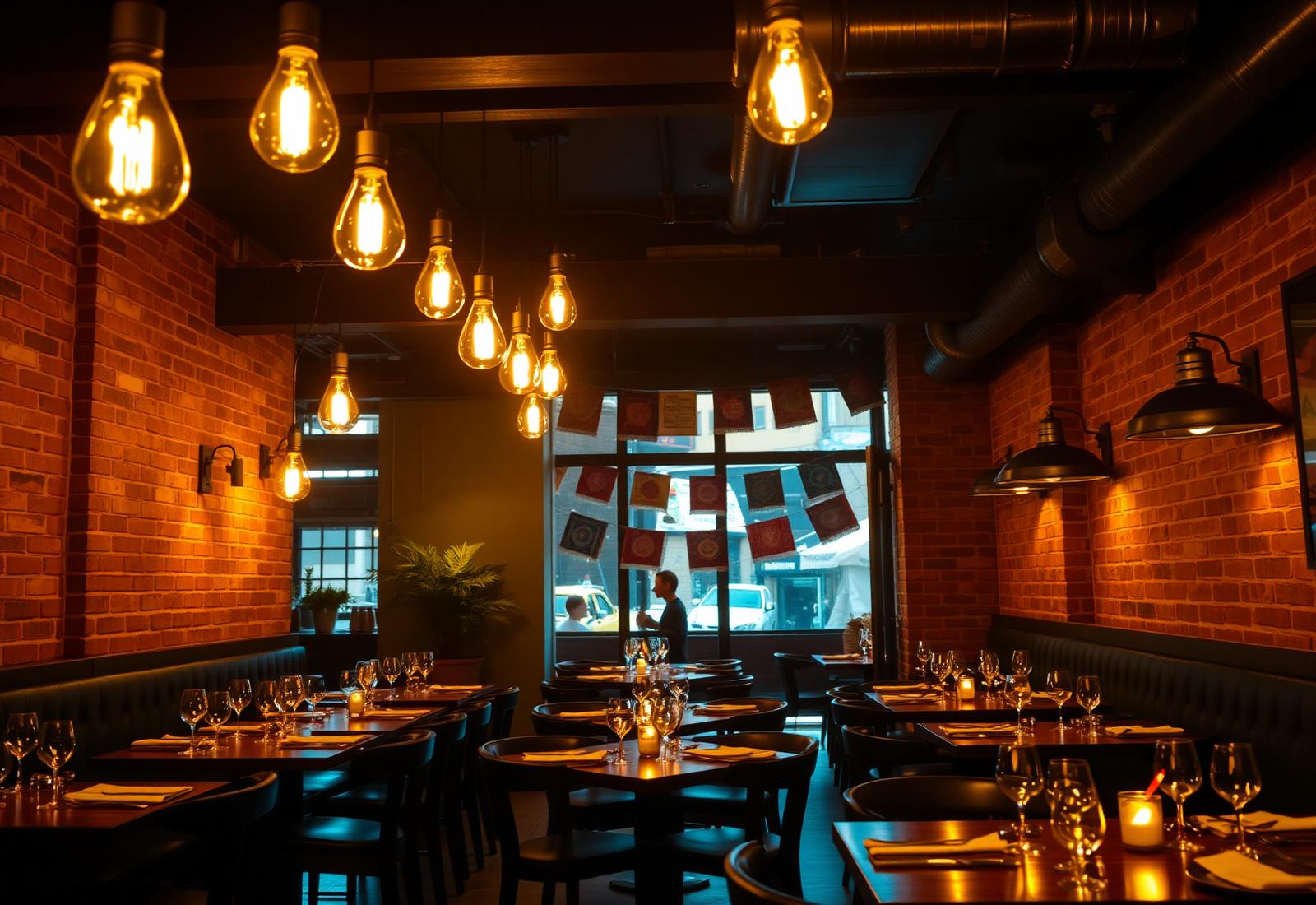 Warm restaurant interior with hanging bulbs